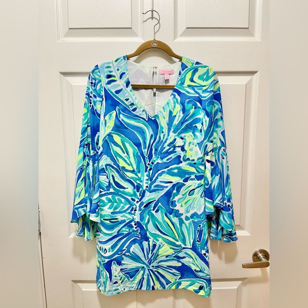 Lilly Pulitzer Dress Rosalia Beckon Blue Palm Passage Crepe Flounce Sleeves 00 - Picture 2 of 11